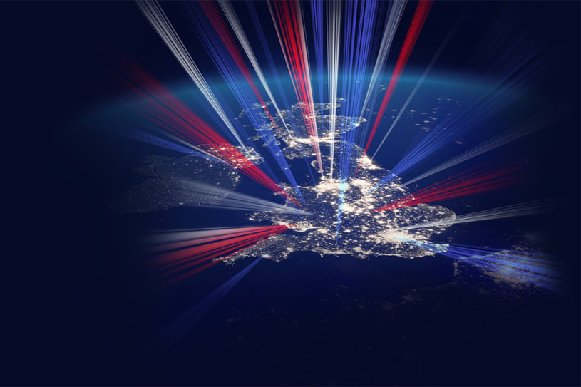 View from space of UK with lighting to show its density and FinTech use