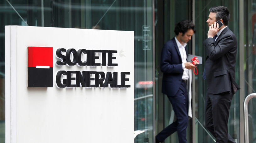 Business men wearing suits talking on the phone and standing outside of Societe General
