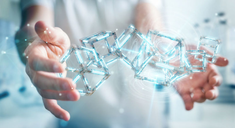 Man holding securities-specific blockchain