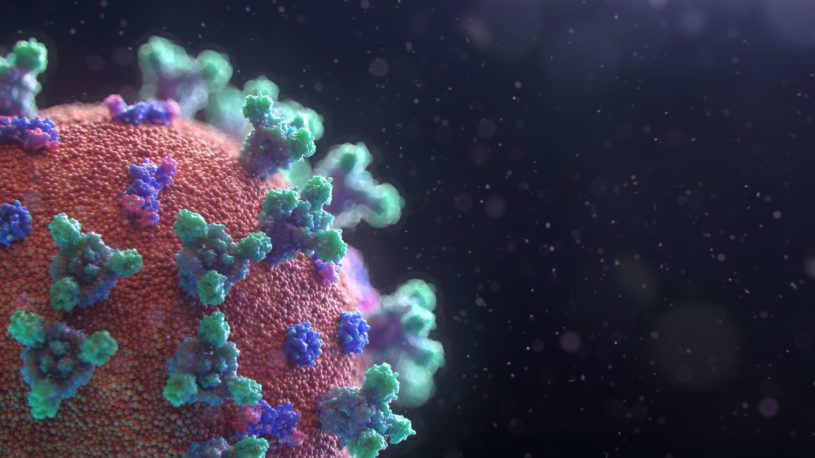 Different companies working on a COVID-19 vaccine, signified with a virus