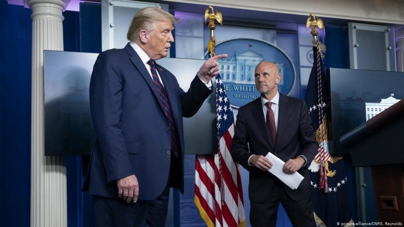 President Trump standing in the Press Room at the White House discussing the new plasma treatment and its impact on the stock market.
