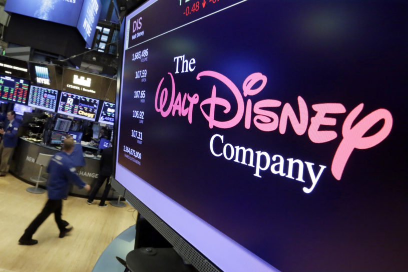 Sign of the Walt Disney Company sign on the floor of Wall Street after Walt Disney's stock recovered