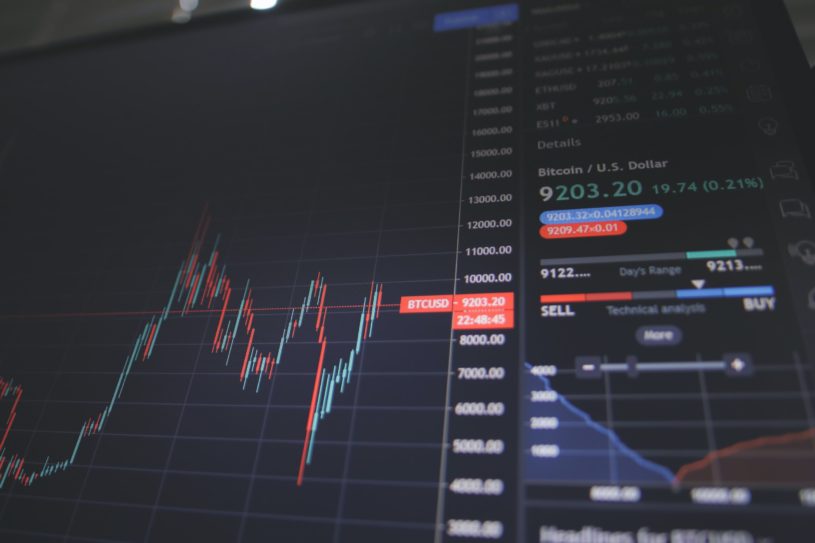 Financial chart on computer screen showing Bitcoin's growth and comparing it to the USD.