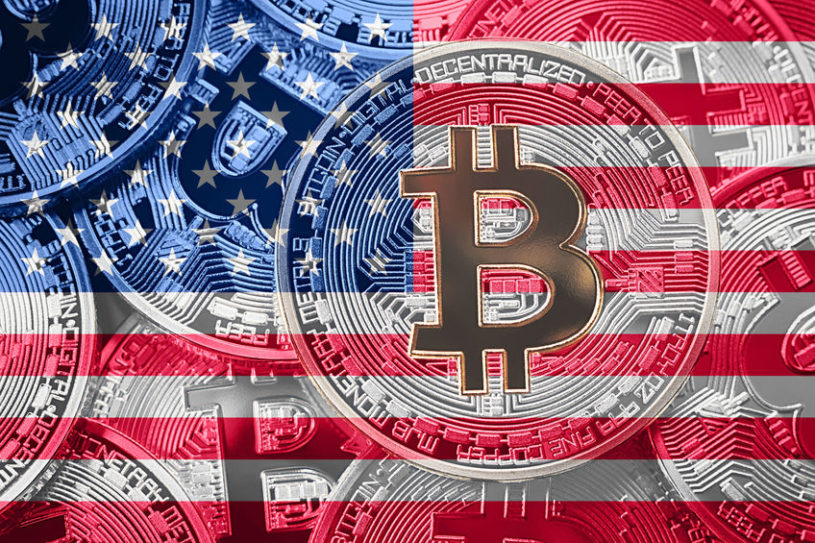 Several bitcoins that are transparent with a US flag behind them.