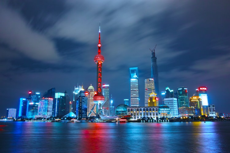 Colorful night vista of Shanghai, Chinese megalopolis.