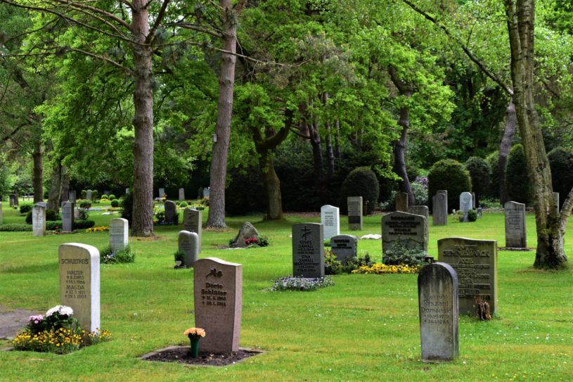 Graveyward with headstones and green grass showing how 75 crypto exchanges have died in 2020.