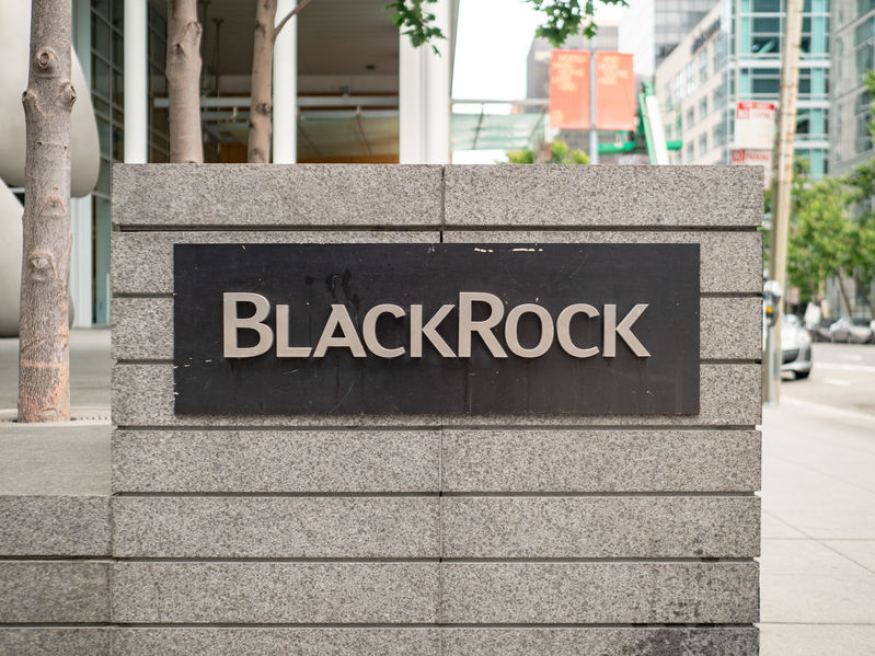 Stone sign on the side of the street in New York City with the word "BlackRock".