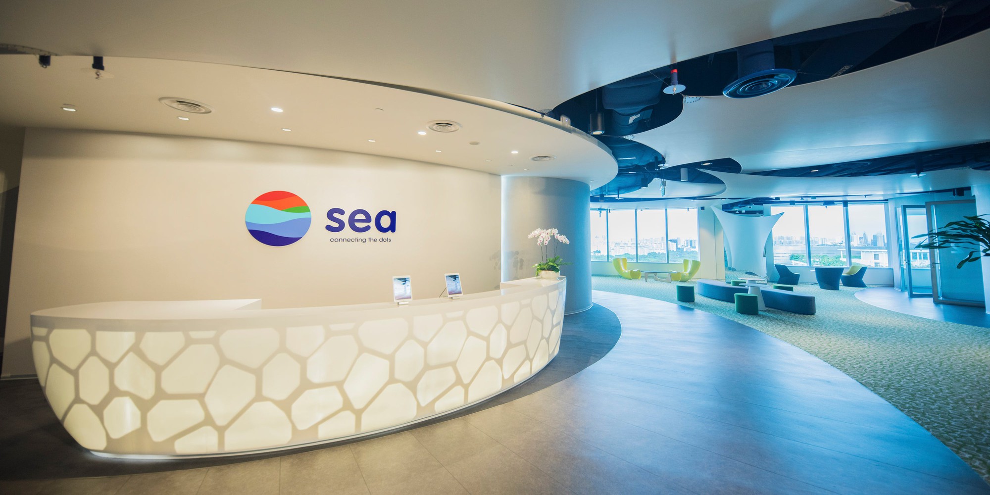 Spacious lobby at Sea Limited's headquarters.