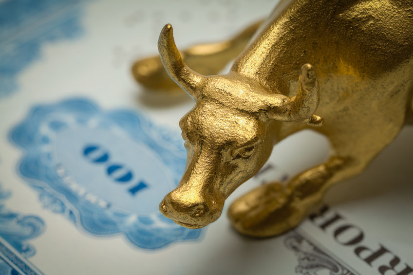Gold Bull on Blue Stock Certificate Close Up.