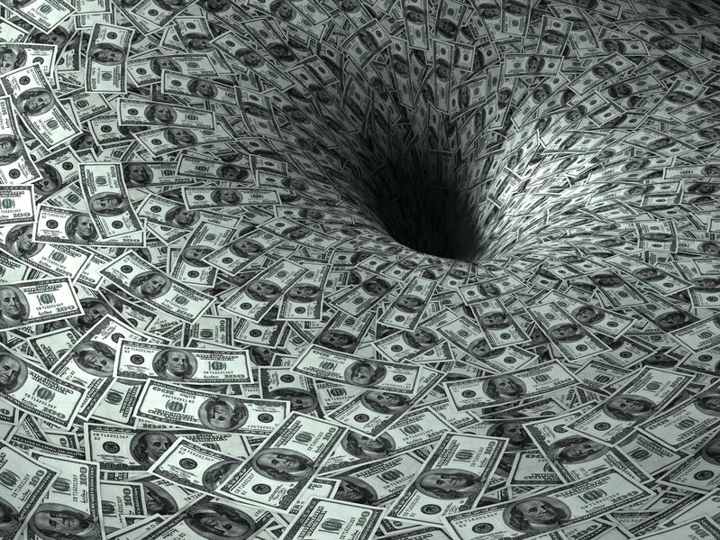 USD Notes falling into a black hole, signaling the high fees for crypto transactions.