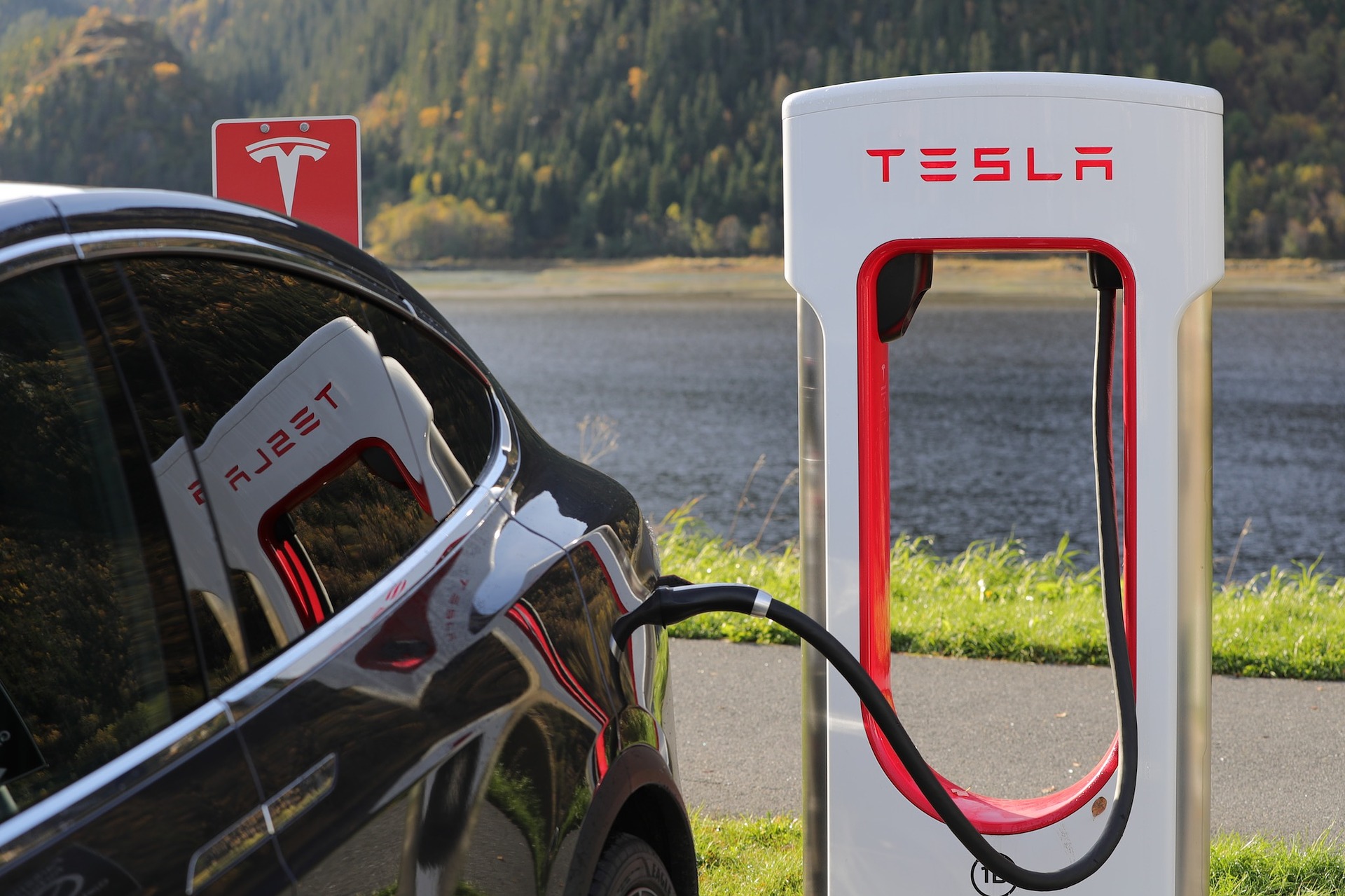 Tesla Car at a Charging Station