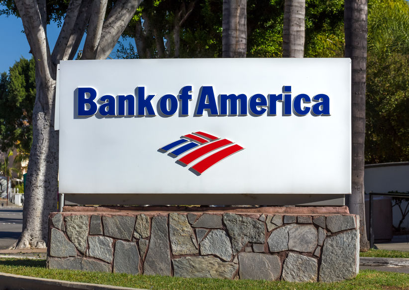 Bank of America sign and logo. Bank of America is an American multinational banking and financial services corporation.