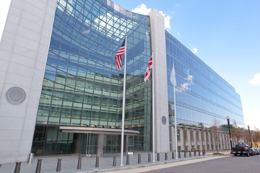 securities and exchange commission, sec, building in washington dc. the sec regulates stocks and bonds and related financial activities.