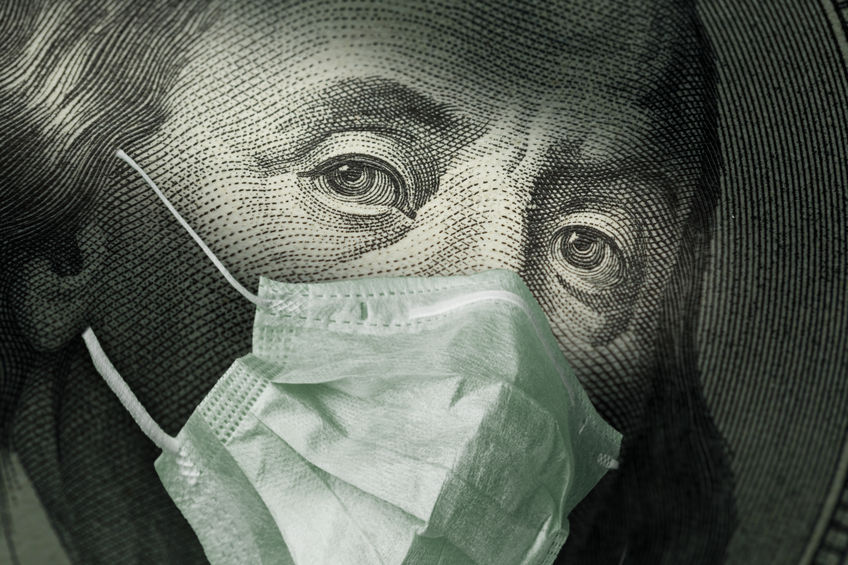 Portrait of Benjamin Franklin 100 dollar Bills with a medical mask from the coronavirus COVID-19. The COVID virus outbreak is affecting the global stock market and economy. The concept of the Financial crisis and pandemics.