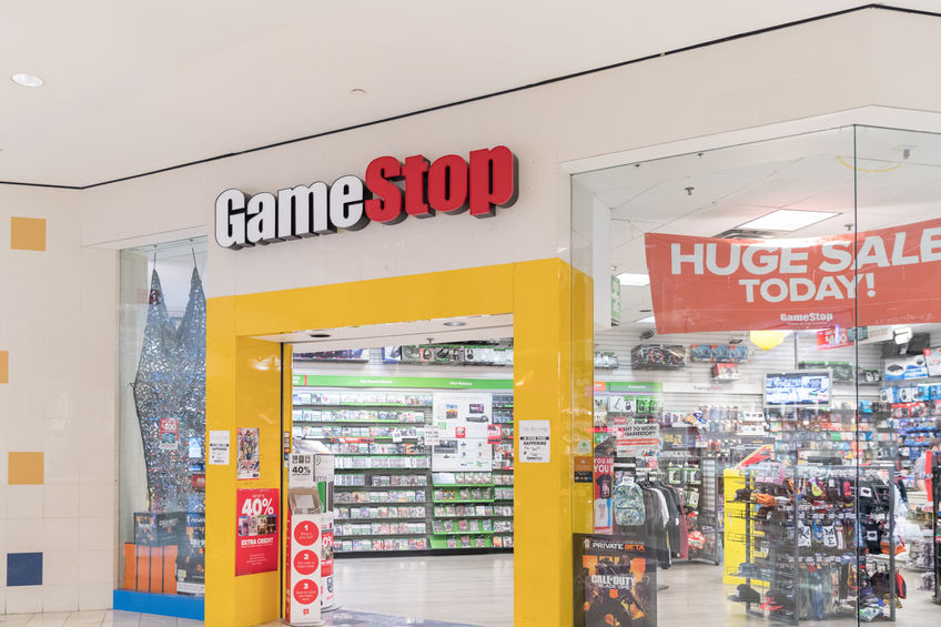 View of the interior of a GameStop store.