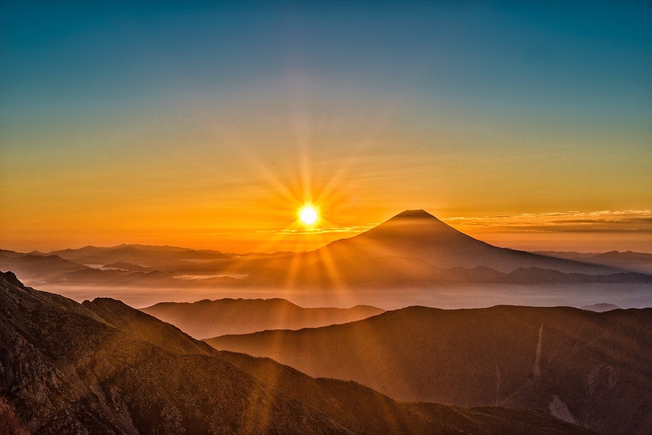 View of the sunset with a volcano