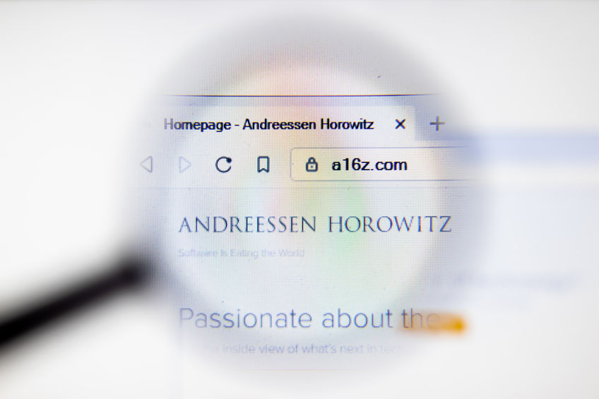 Andreessen Horowitz website logo on homepage. A16z.com site close-up , Illustrative Editorial.
