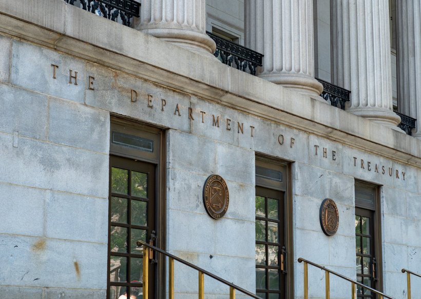 Treasury Building entrance, headquarters of United States Department of the Treasury