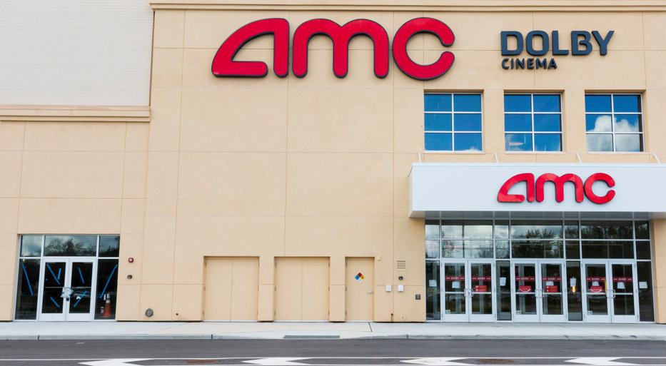 An AMC movie theater building is empty due to the social distancing requirments in New York because of COVID-19 coronavirus pandemic.