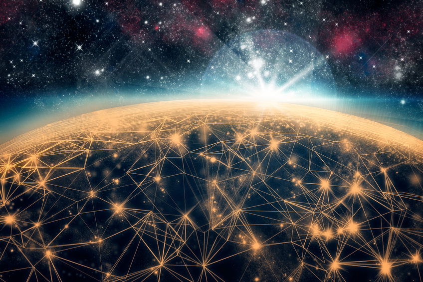 Lines connecting the earth seen from outer space with bright solar light. Concept of social and business network.