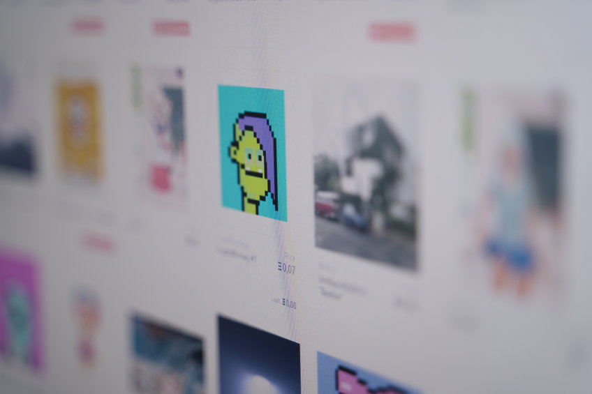 Opensea marketplace for NTF visual art with crypt payment. Ethereum coin. Blockchain innovation. non refundable tokens.