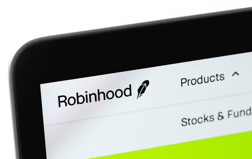 Robinhood website logo on screen notebook closeup, macro. Robinhood Markets, Inc. - American company providing financial services.