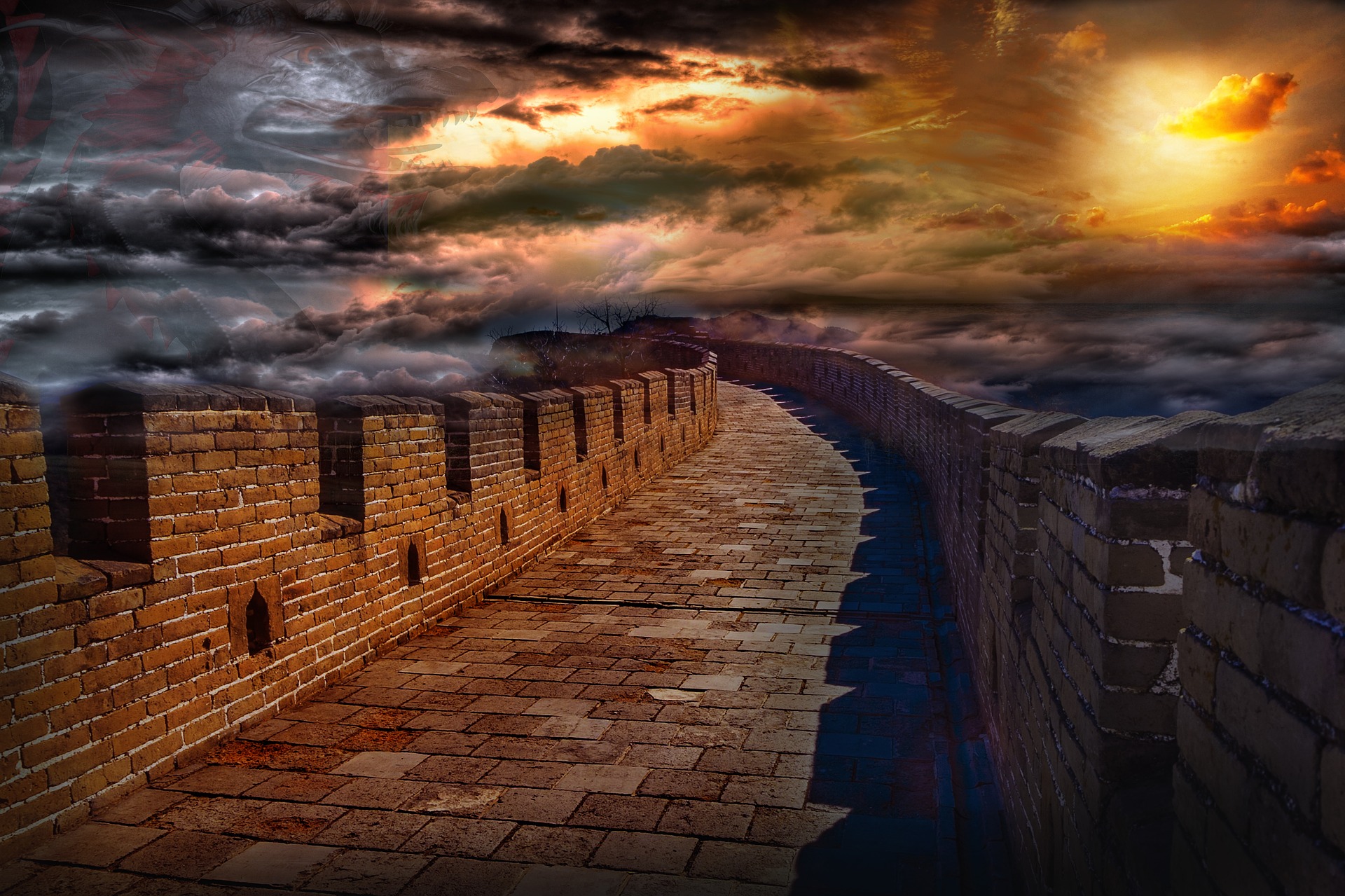 China's Great Wall beneath dark, cloudy sky.