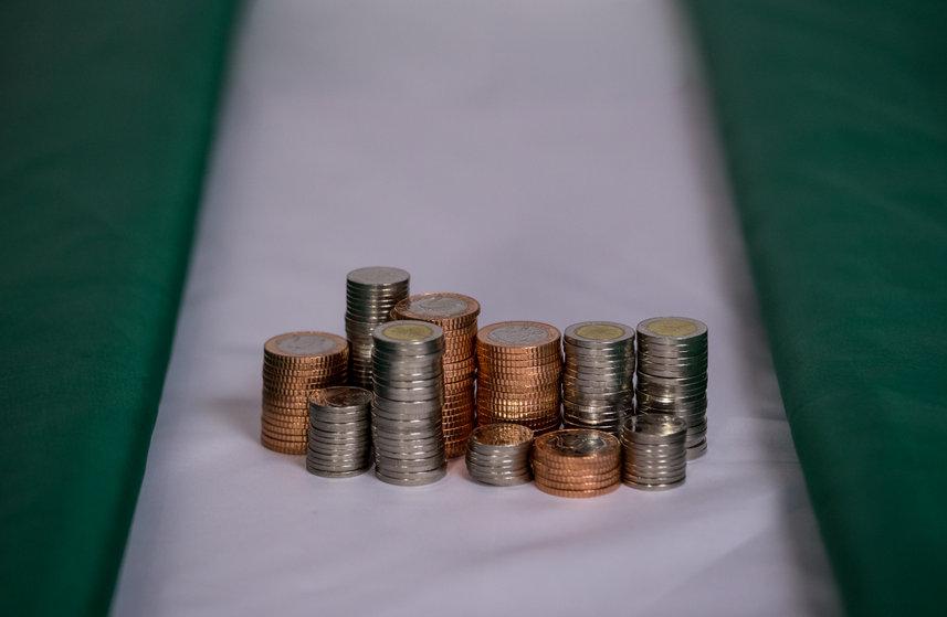 Image of Nigerian flag with piles of coins on it