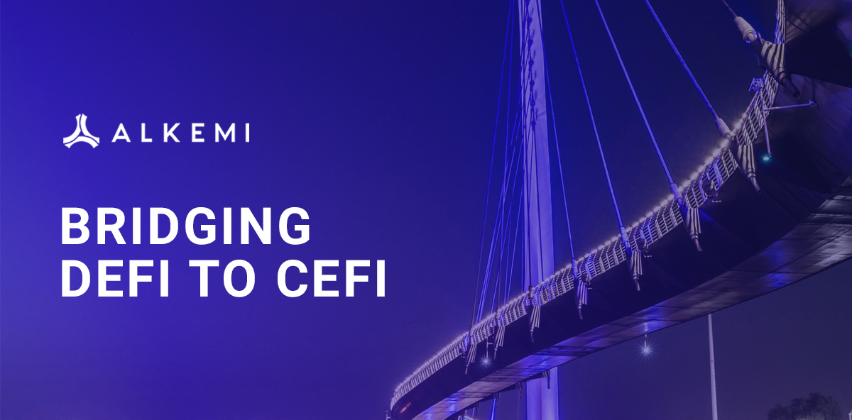 Alkemi company logo and bridge which joins the two worlds of DeFi and CeFi.