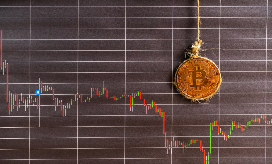 Image of a Bitcoin tied to a piece of string over a chart