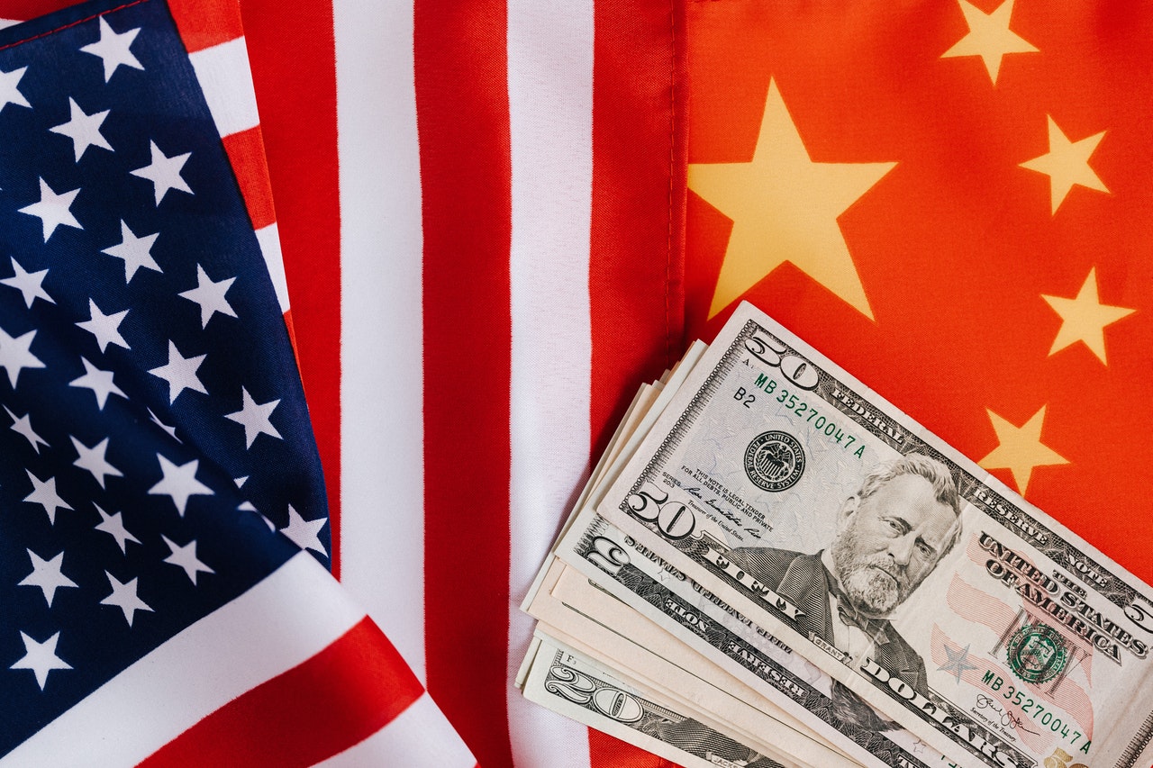 National flags of China and the US.
