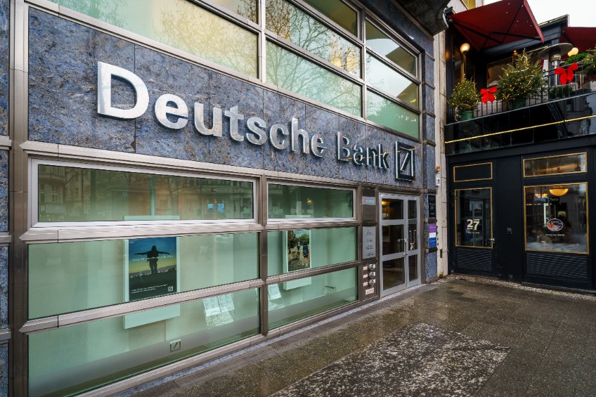Photograph of the outside of a Deutsche Bank office with windows