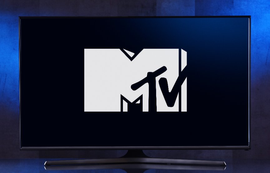 flat-screen tv set displaying logo of mtv, an american pay television channel