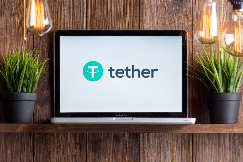 Image of USDT Logo on a Laptop Between Two Small Plants