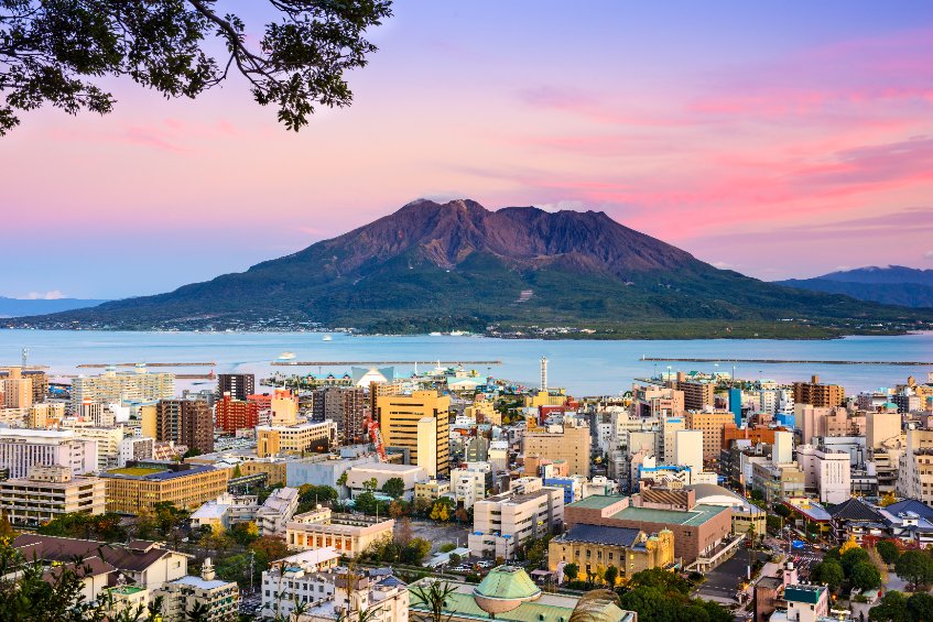 Kagoshima, japan with sakurajima volcano