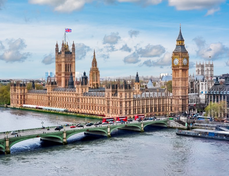 London cityscape and houses of parliament with big ben tower, uk