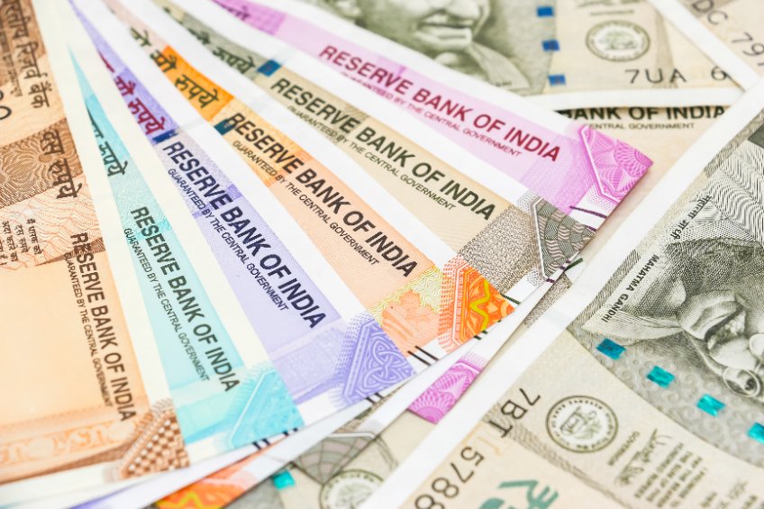 Close up view of brand new indian 10, 50, 100, 200, 500 and 2000 rupees banknotes