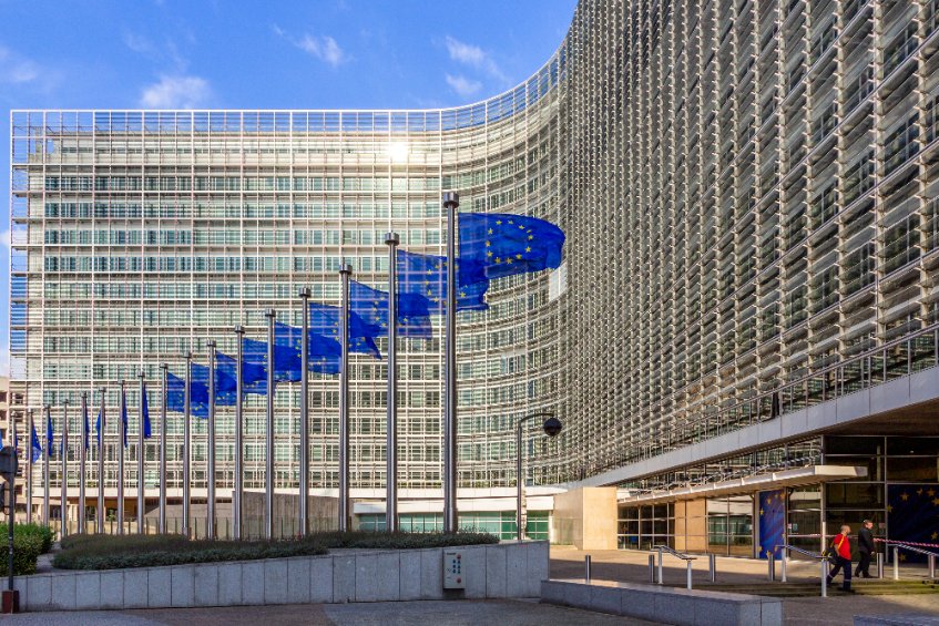 Row of EU Flags in front of the European Union Commission building in Brussels