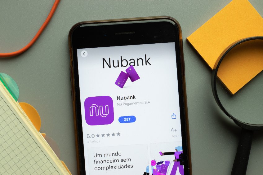 Nubank mobile app logo on phone screen close up