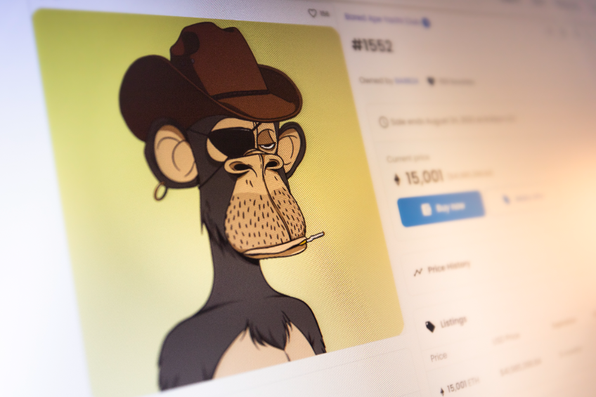 A bored ape NFT for sale on NFT marketplace OpenSea.
