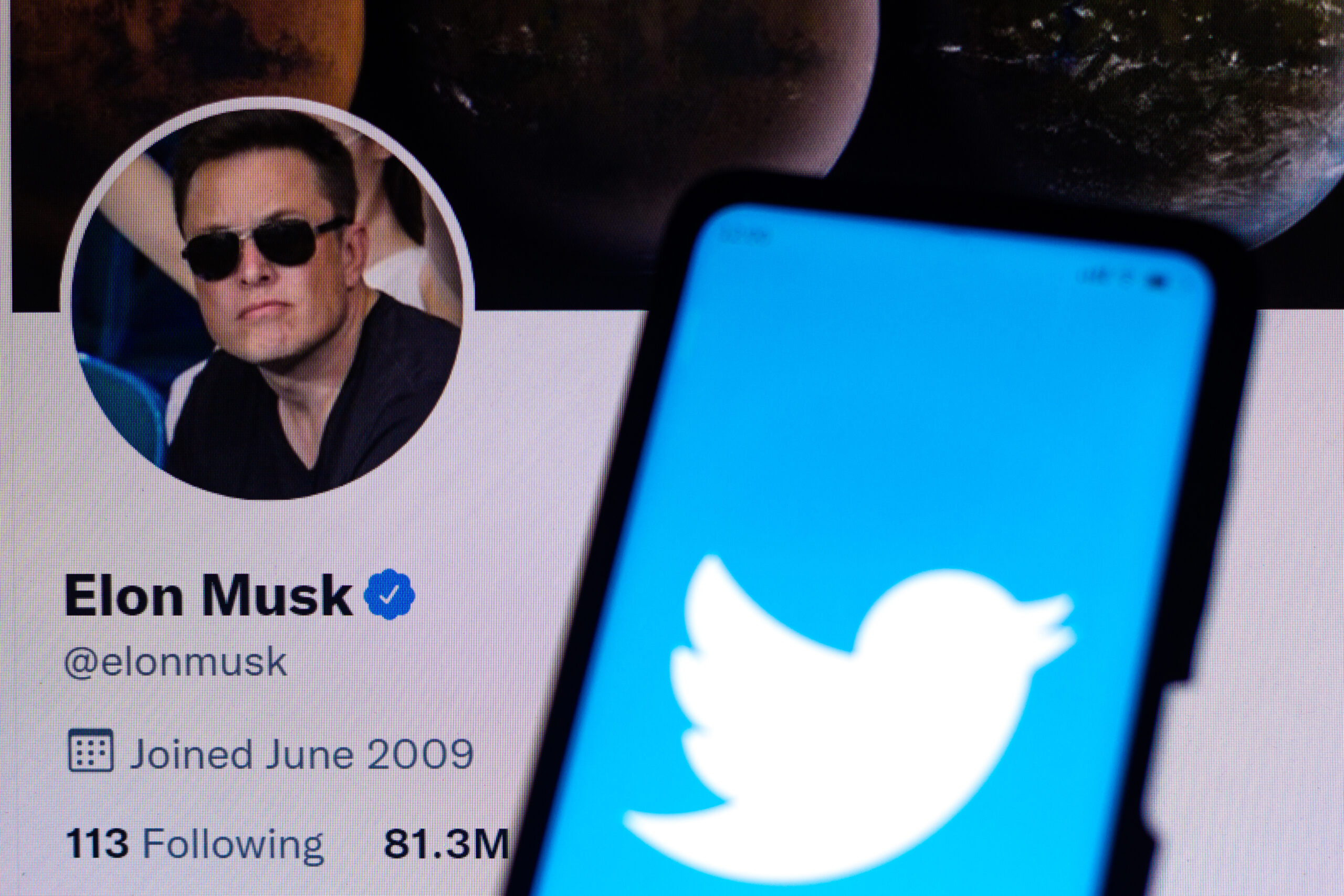 April 11, 2022, Brazil. In this photo illustration the Twitter logo seen displayed on a smartphone with the Elon Musk's official Twitter profile