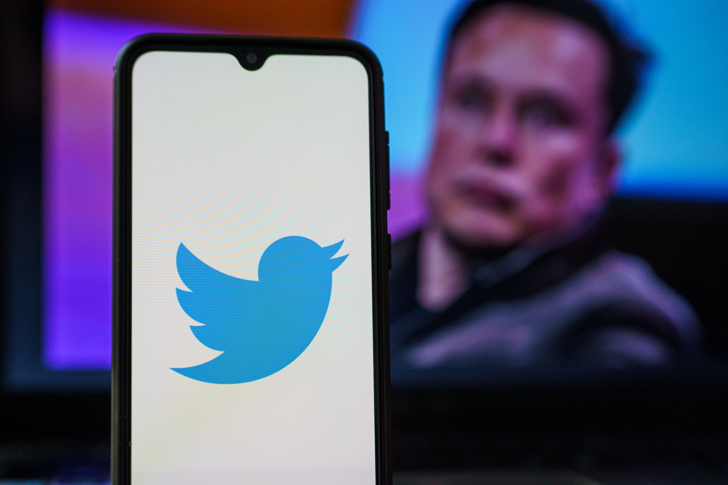 Twitter logo on a phone with a slightly blurred Elon Musk in the background.
