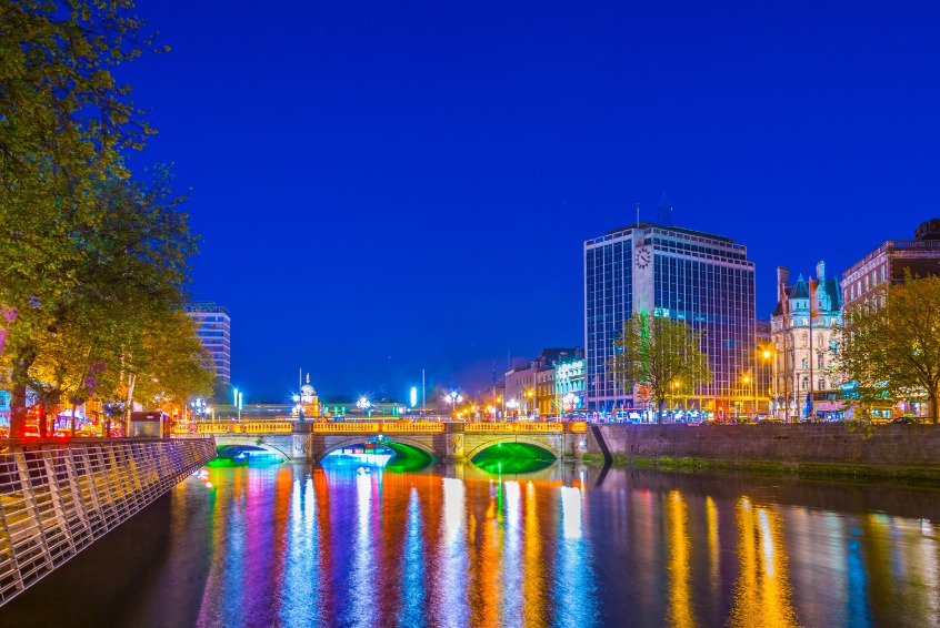 Night view of the riverside of Liffey in Dublin, Ireland