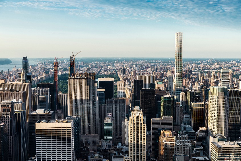 Elevated view of the skyline of modern skyscrapers of Manhattan at sunset