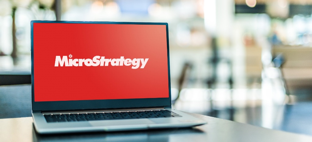 Laptop computer displaying logo of MicroStrategy Incorporated, a company that provides business intelligence