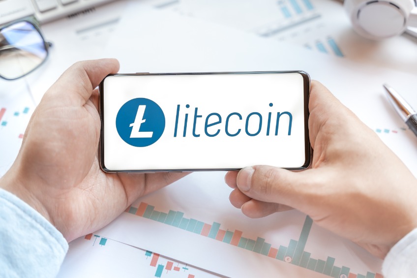 Logo of Litecoin coin in tablet.