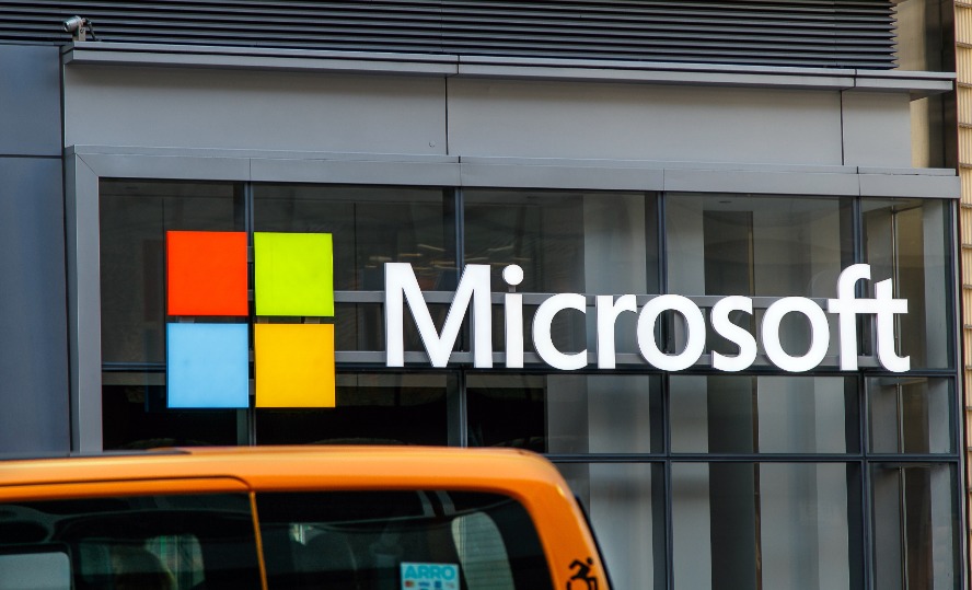 Exterior sign on a window of a Microsoft office in Manhattan