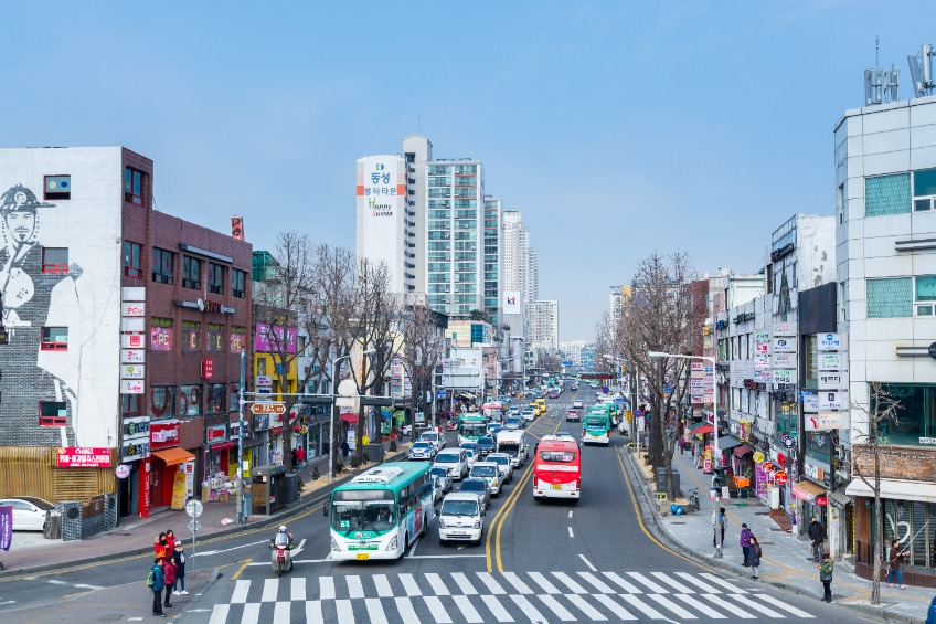 Street view of City of Suwon from Janganmun Gate of Hwaseong Fortress of South Korea