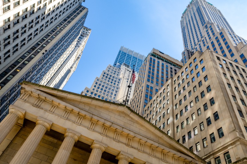 Skyscrapers in Financial District Manhattan, New York Stock Exchange, low angle view, clear sky, horizontal