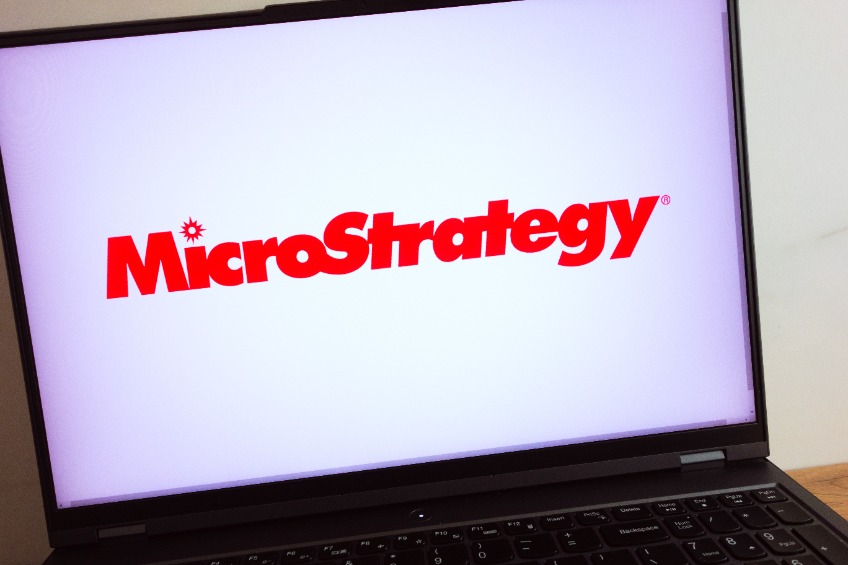 MicroStrategy Incorporated company logo displayed on laptop computer screen